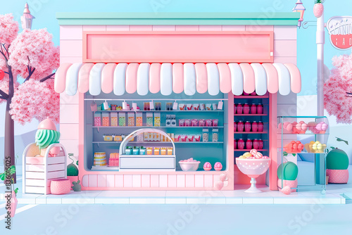 A front view of 3D colorful store front with pink and white colors
