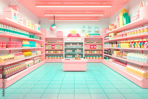 3D render of Interior view of a supermarket with shelves full of products.