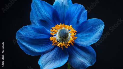 Close-up of a vibrant blue flower with yellow center and dark background