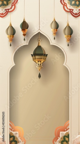 A vertical Islamic Greeting Card template with soft cream copy space and colorful ornate ornaments of hanging lanterns illustrating a rich Eid festival