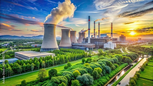 Power plant with tree green industry, ecological concept, green energy, sustainable, eco-friendly, renewable, environment, clean power, nature, technology, industrial, innovation photo
