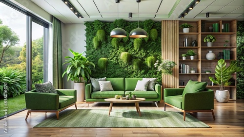 Modern green concept living room with rendering furniture , eco-friendly, sustainable, interior design, minimalist, green, eco-conscious, healthy living, organic materials, nature-inspired