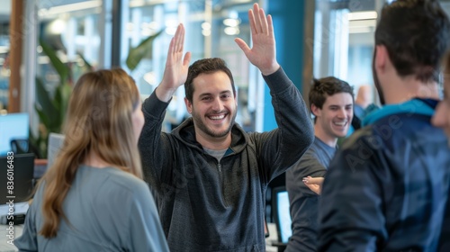 A tech startup team celebrates their successful product launch with smiles and high fives in their office © Ilia Nesolenyi