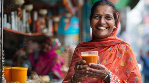 An Indian woman smiles warmly as she sips on a cup of masala chai at a vibrant street cafe