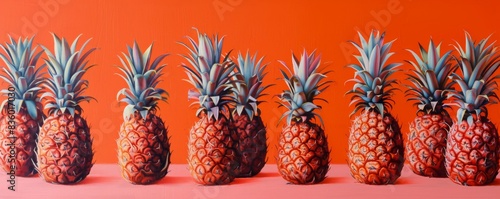 Row of pineapples on a pink table with orange background © cac_tus