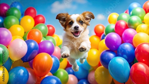 Playful puppy leaping among colorful balloons for celebration themes, pet birthday cards, and party supplies , Joyful, dog, portrait, balloons, celebration, party, pet, birthday, playful © Woonsen