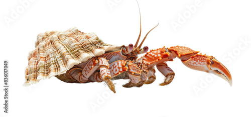 Colorful hermit crab with shell isolated on white background. High-resolution image of a marine creature, perfect for educational and artistic use.