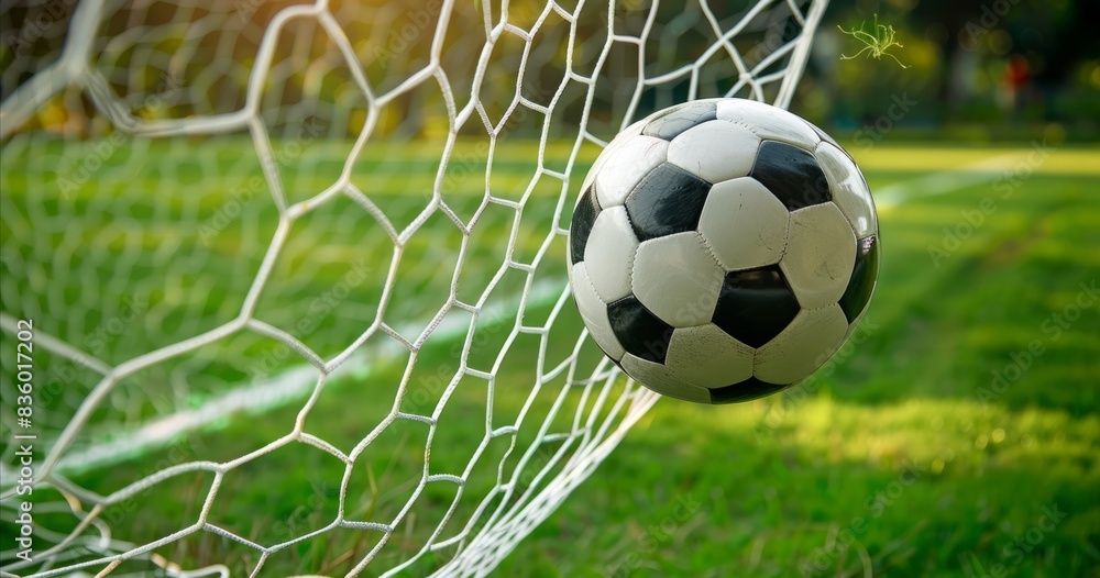 Fototapeta premium A soccer ball and a net on a soccer field