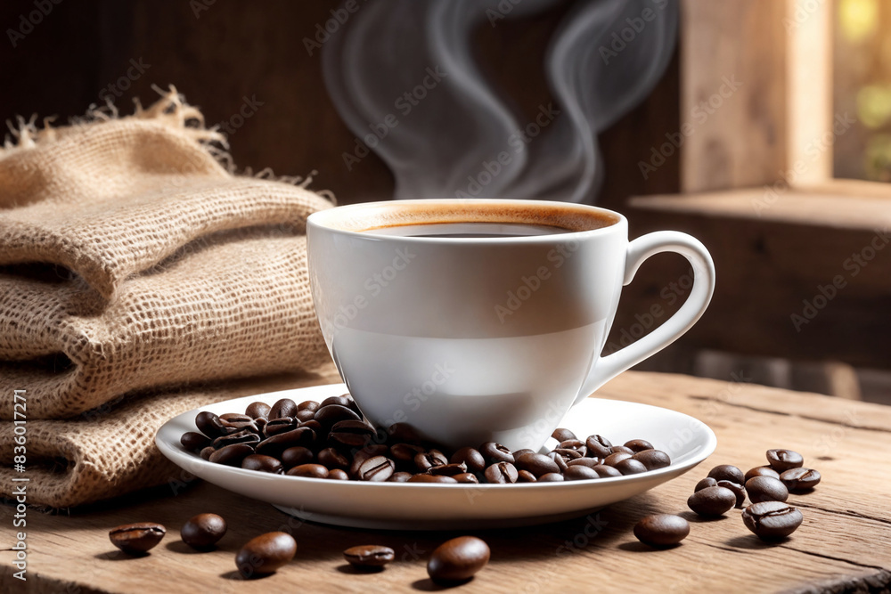 Cup of coffee with smoke and coffee beans on old wooden background Cup of coffee with smoke and coffee beans on old wooden background