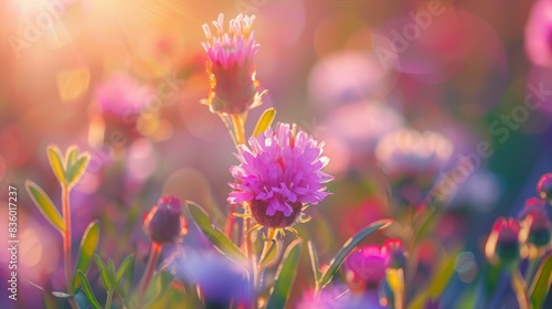 A vibrant pink wildflower blooms in a meadow, its intricate details highlighted by the warm glow of the setting sun © Ilia Nesolenyi