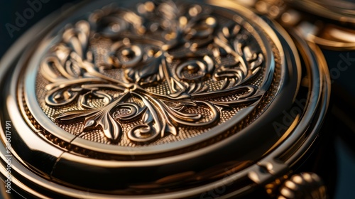 A closeup photo of a luxurious goldplated compact mirror capturing the intricate details of the engraved design  photo