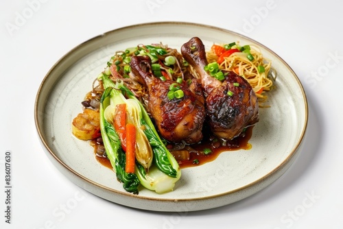 Mouthwatering Asian Fusion Coq au Vin with Scallion Wonton Noodle Cake and Fried Garnish