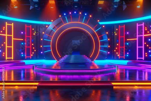 Exciting TV Show Stage with Colorful Lights and Archway
