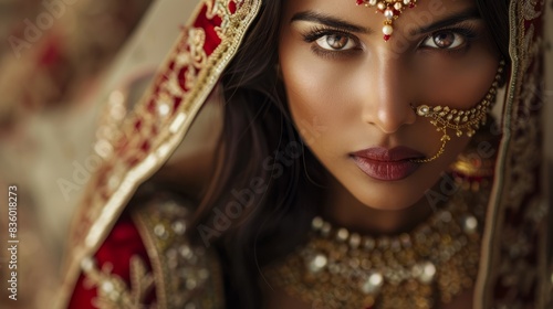 A captivating portrait of an elegant Indian woman adorned in traditional attire, showcasing intricate jewelry and a mesmerizing gaze