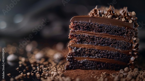 A close-up shot of a slice of chocolate cake featuring layers of moist cake and rich ganache icing, with a scattering of chocolate shavings in the foreground photo