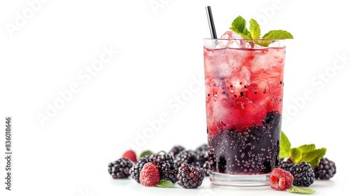 Fresh blackberry cocktail in cold glass isolated on white background. Copy space,Delicious refreshing blackberry lemonade on table, closeup view,Blackberry smash cold cocktail with lime, mint and ice 
