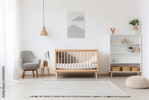 minimalist child's bedroom with a playful rug, a modern crib, and plenty of storage space, all photographed