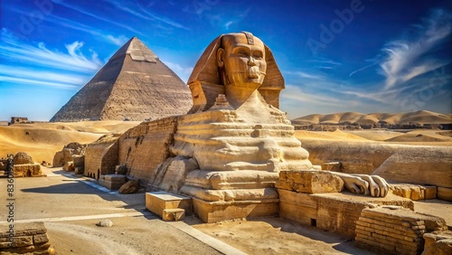 Majestic Sphinx of Giza monument against clear blue sky with surrounding desert landscape , Egypt, ancient, historical, landmark, architecture, ruins, sculpture, majestic, iconic, mysterious photo