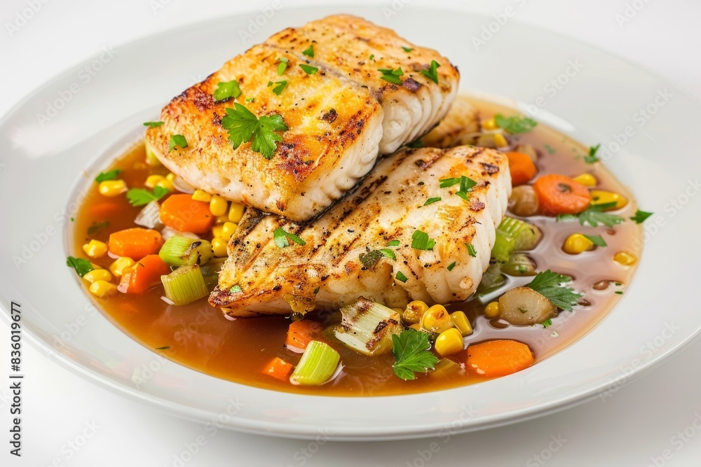 Exquisite Braised Halibut with Grilled Corn Cakes and Aromatic Sauce Exquisite Braised Halibut with Grilled Corn Cakes and Aromatic Sauce