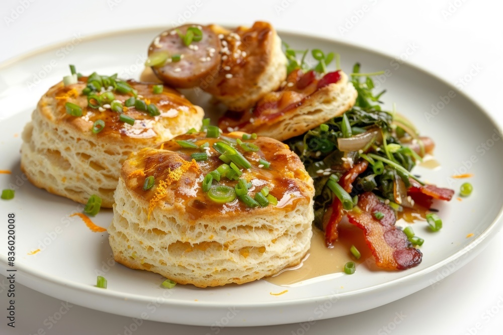 Delicious Biscuits and Gravy with Mustard Greens and Soy-Glazed Bacon Delicious Biscuits and Gravy with Mustard Greens and Soy-Glazed Bacon