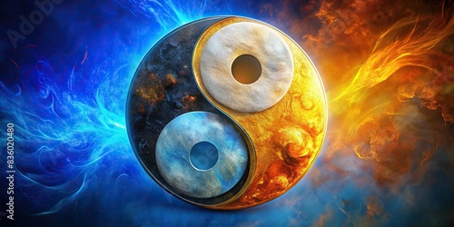 Visual representation of Yin and Yang symbolizing dualism, balance, and harmony , balance, harmony, dualism, yin, yang, symbol, concept, philosophy, unity, contrast, opposites, traditional photo