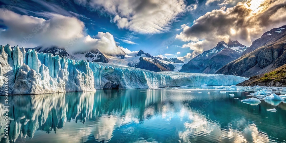A Photorealistic Image Of A Glacier Calving Into A Crystal Clear Lake