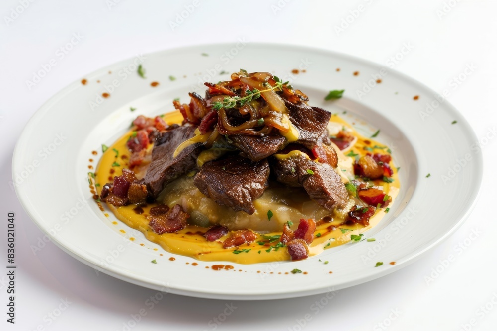 Delicious Calves Liver with Bacon, Onions, and Mustard Sauce on White Plate Delicious Calves Liver with Bacon, Onions, and Mustard Sauce on White Plate