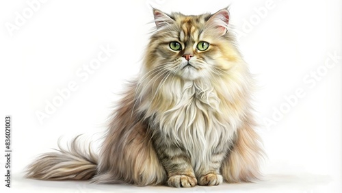 Sketch of a Persian cat sitting elegantly on a white background , Persian cat, sketch, design, coloring page, , pet, fluffy, feline, domestic, isolated, elegant, purebred, cute, animal, art photo