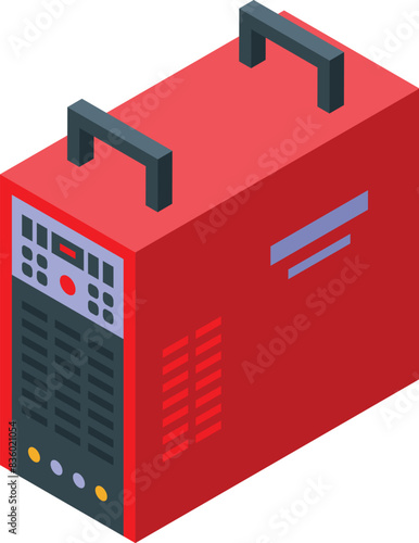Isometric vector illustration of portable generator with red color on white background, showcasing a modern compact device for energizing in emergency situations