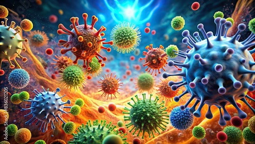 Fiery clash of pathogens and bodily defenses in vivid detail , immune response, red, blue, vibrant, close-up, macro, detail, infection, disease, defense, immunity, health, medical, science