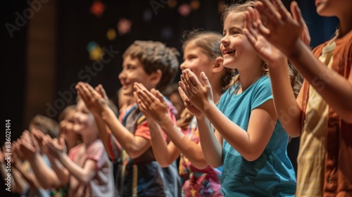 A side view of children smiling and taking a bow on stage after a successful theater performance