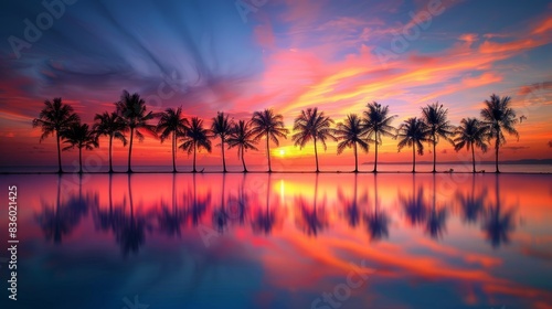 A row of palm trees stand in silhouette against a vibrant sunset sky on a tropical beach  their reflections mirrored in the calm water
