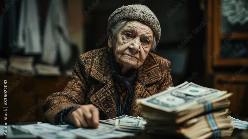 Aged lady in a thoughtful pose with bundles of cash on her desk