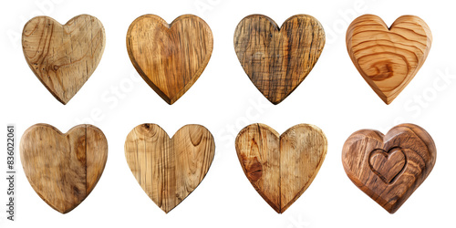 Collection heart shapes blank wooden sign board wood on a transparent background. Valentine's Day, wedding, love, cut out, PNG