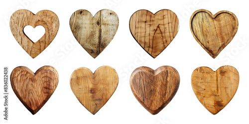 Collection heart shapes blank wooden sign board wood on a transparent background. Valentine's Day, wedding, love, cut out, PNG
