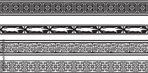 Vector set of seamless monochrome national native american ornaments. Endless ethnic black borders, frames of the peoples of America, Aztec, Maya, Incas. For sandblasting, plotter and laser cutting