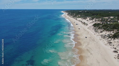 Fototapeta Naklejka Na Ścianę i Meble -  Drone, Christmas day, 4x4 driving (4WD) on Preston Beach, just south of Perth, Western Australia. Camp, swim and eat. Turquoise colored water, white sand dunes 
