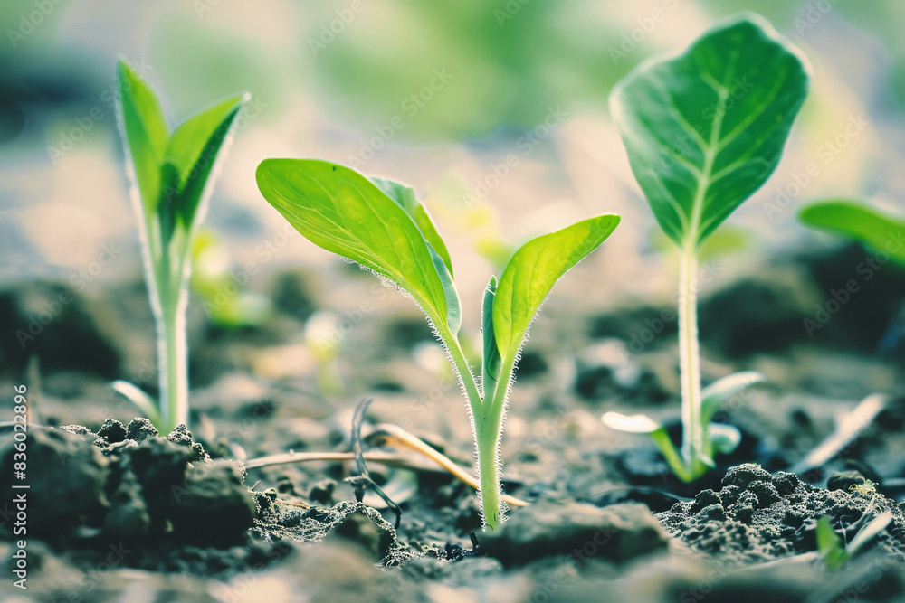 Close-up of young seedlings growing in garden soil symbolizing new beginnings and natural growth Close-up of young seedlings growing in garden soil symbolizing new beginnings and natural growth