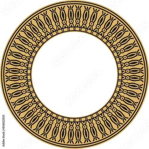 Vector golden round Egyptian border. Circle ornament of ancient Africa. Pattern of lotus flowers and sun.