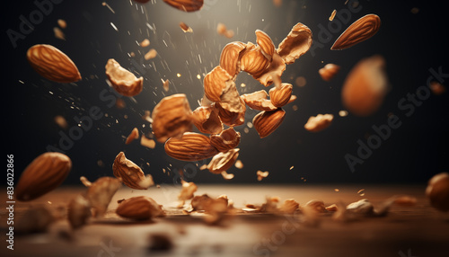 Almond nuts flying in the air after being cracked Healthy food concept Almond in motion photo