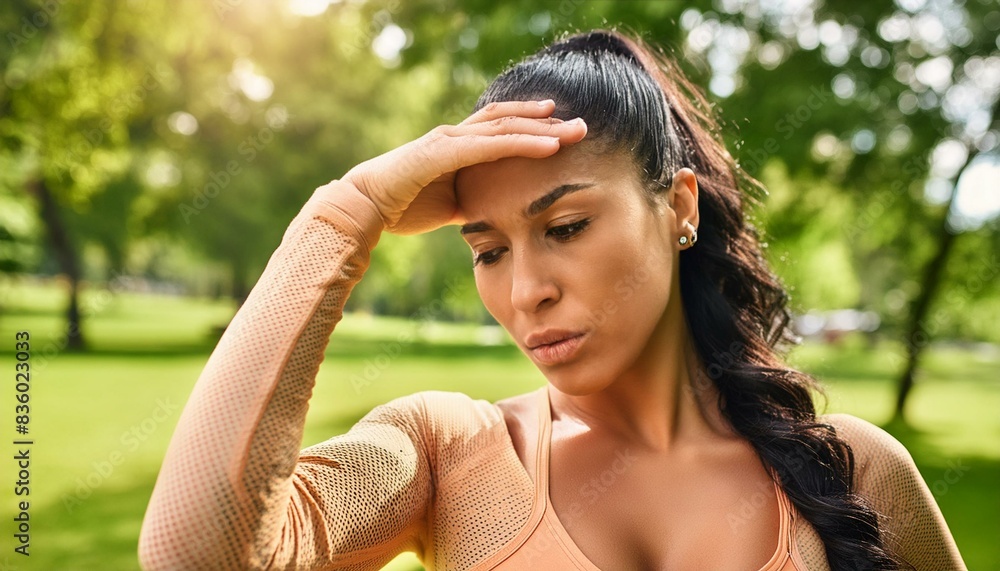 Hot and Stressed: Woman Sweating in a Summer Park Hot and Stressed: Woman Sweating in a Summer Park