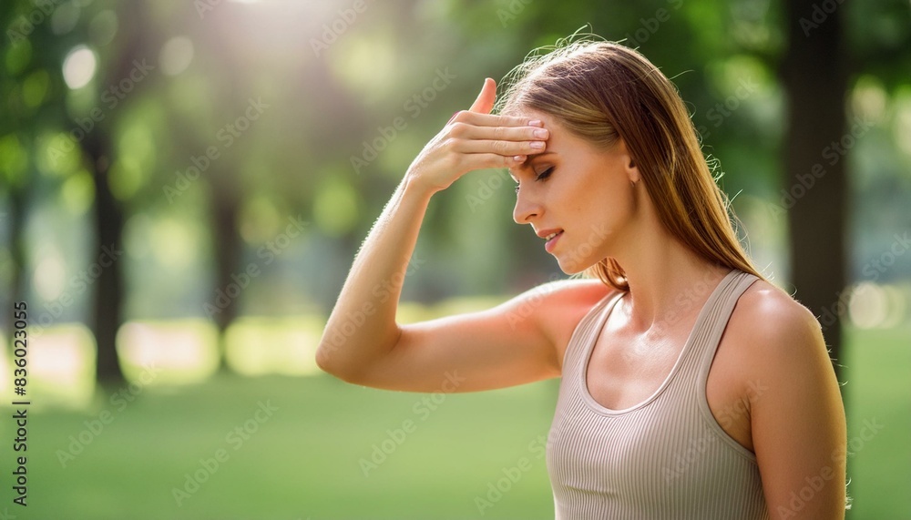Summer Stress: Woman Sweating in a Park Summer Stress: Woman Sweating in a Park