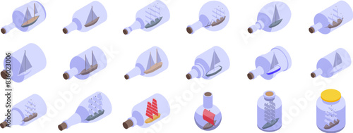 Sailboats bottles icons isometric set vector. A collection of glass bottles with various shapes and sizes, including a few with boats inside. The bottles are arranged in a row, with some placed