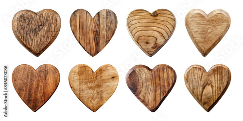 Collection heart shapes blank wooden sign board wood on a transparent background. Valentine's Day, wedding, love, cut out, PNG
