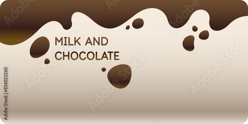Modern poster of milk and chocolate with splashes on the background. Vector illustration in a flat minimalist style. Template for the design.