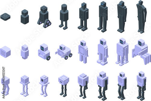 Robot evolution icons isometric set vector. A series of robot figures in various stages of development. The first figure is a small robot with a box on its head, and the last figure is a large robot