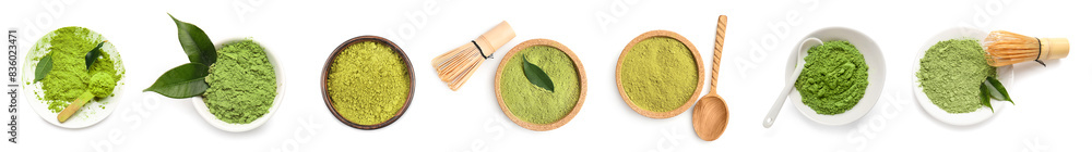 Set of powdered matcha tea on white background Set of powdered matcha tea on white background