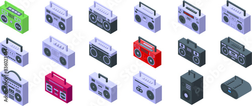 Boombox icons isometric set vector. A collection of different colored portable music players. The collection includes a variety of shapes and sizes, with some being more modern and others more retro