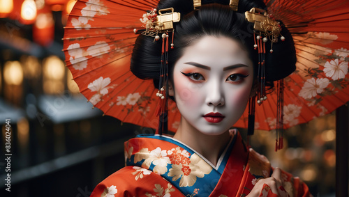 Elegant Geisha with Traditional Kimono and Red Umbrella in a Japanese Cultural Setting