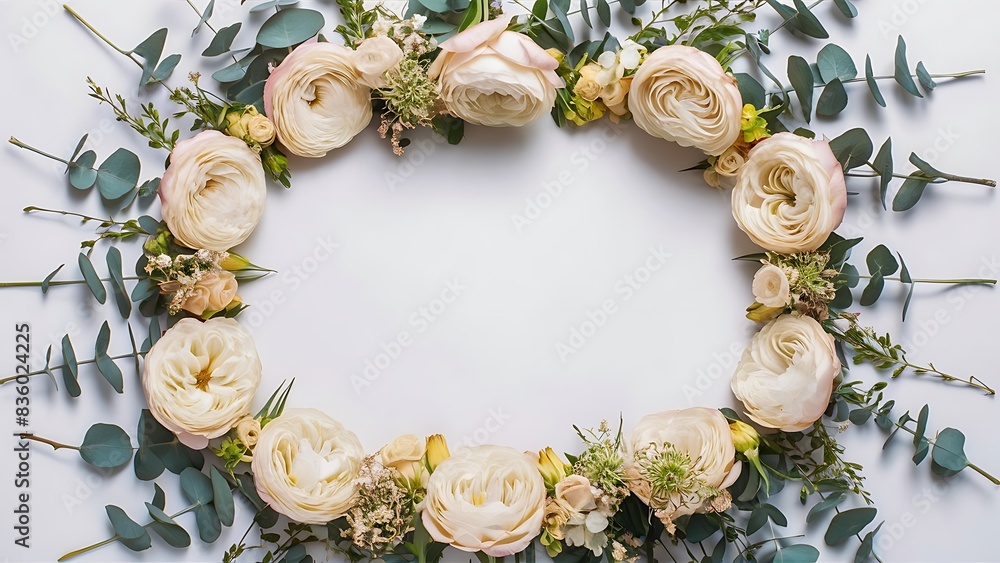 Border frame made of beige rose flowers eringium flower eucalyptus branches on white background flat lay top view floral background Border frame made of beige rose flowers eringium flower eucalyptus branches on white background flat lay top view floral background